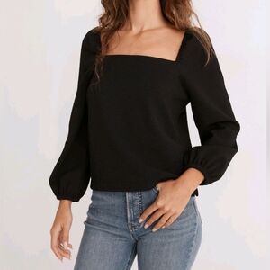 Madewell Crepe Square-Neck Puff-Sleeve Black Top Size XS